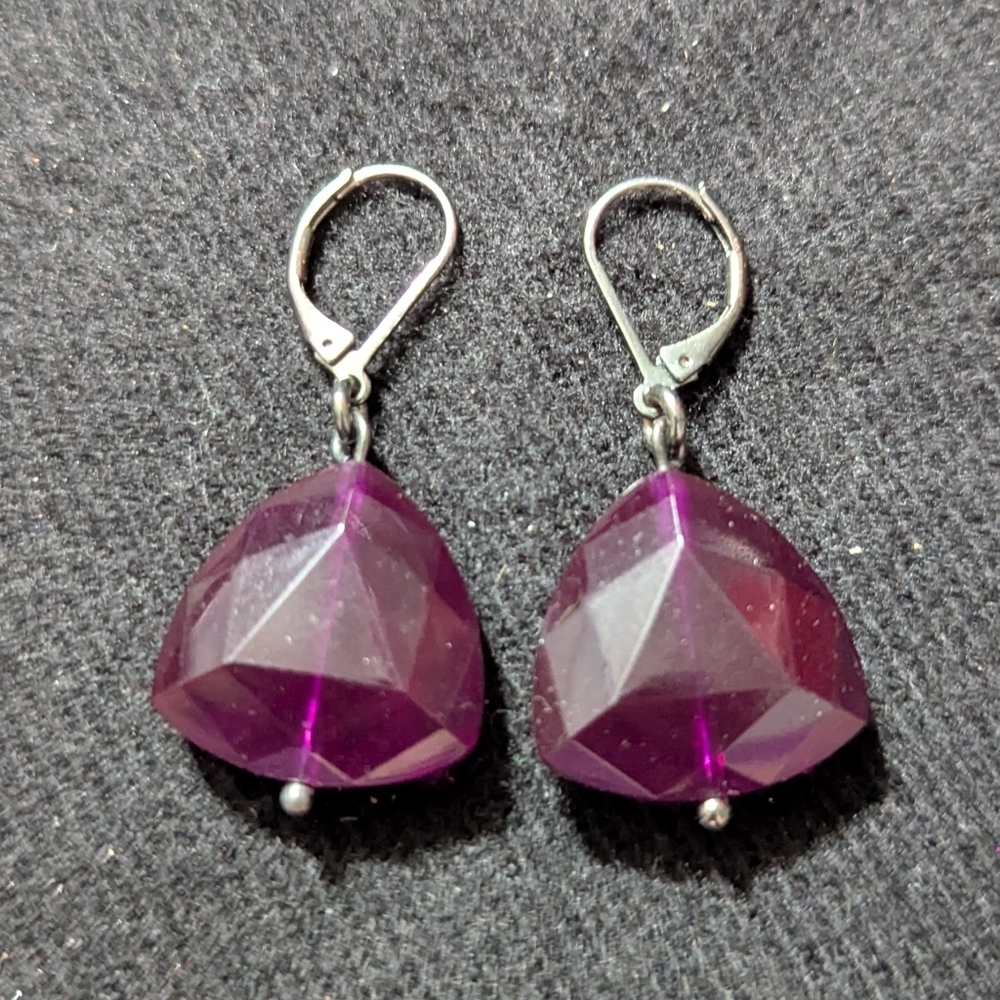 Gunmetal Black Purple Triangle Faceted Beaded Dangle Statement Earrings